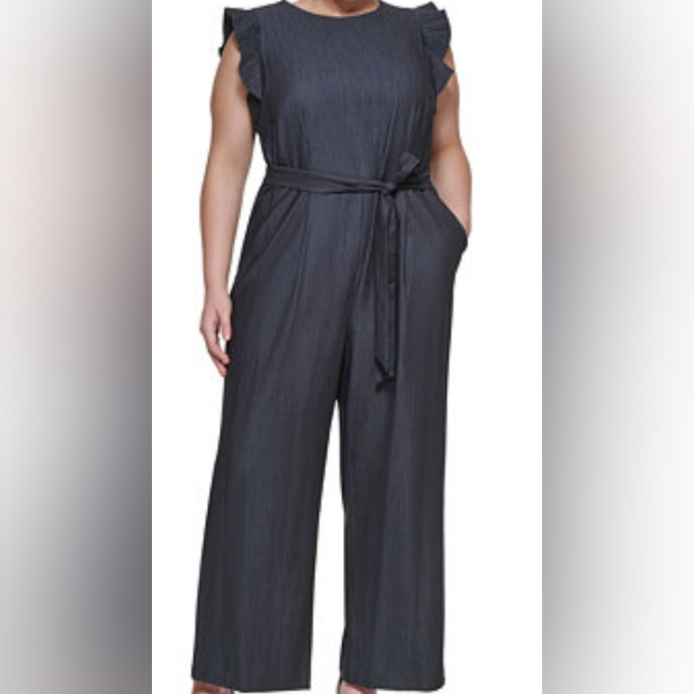 Calvin Klein Womens Belted Jumpsuit with Flutter Sleeves